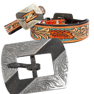 Teskey's Floral Tooled Turquoise Dog Collar with Silver Embellished Rectangle Buckle Pets - Accessories Teskeys   