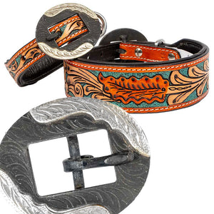 Teskey's Floral Tooled Turquoise Dog Collar with Oval Feather Buckle Pets - Accessories Teskeys   