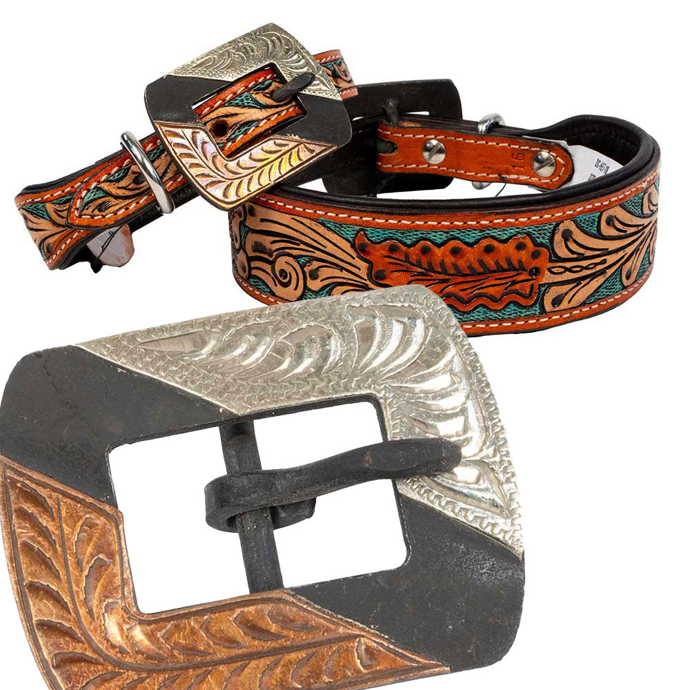 Teskey's Floral Tooled Turquoise Dog Collar with Two-Tone Rectangle Buckle Pets - Accessories Teskey's   