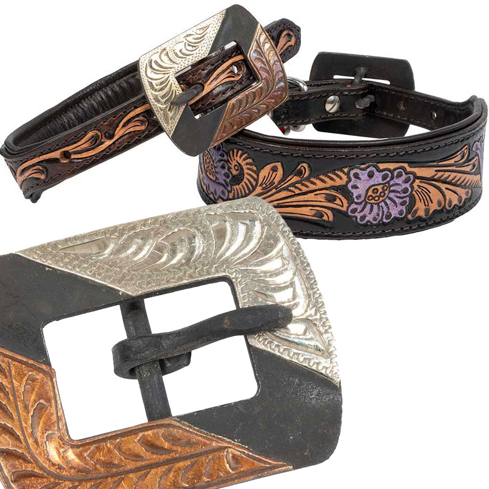 Teskey's Metallic Purple Floral Tooled Dog Collar with Two-Tone Rectangle Buckle Pets - Accessories Teskey's   