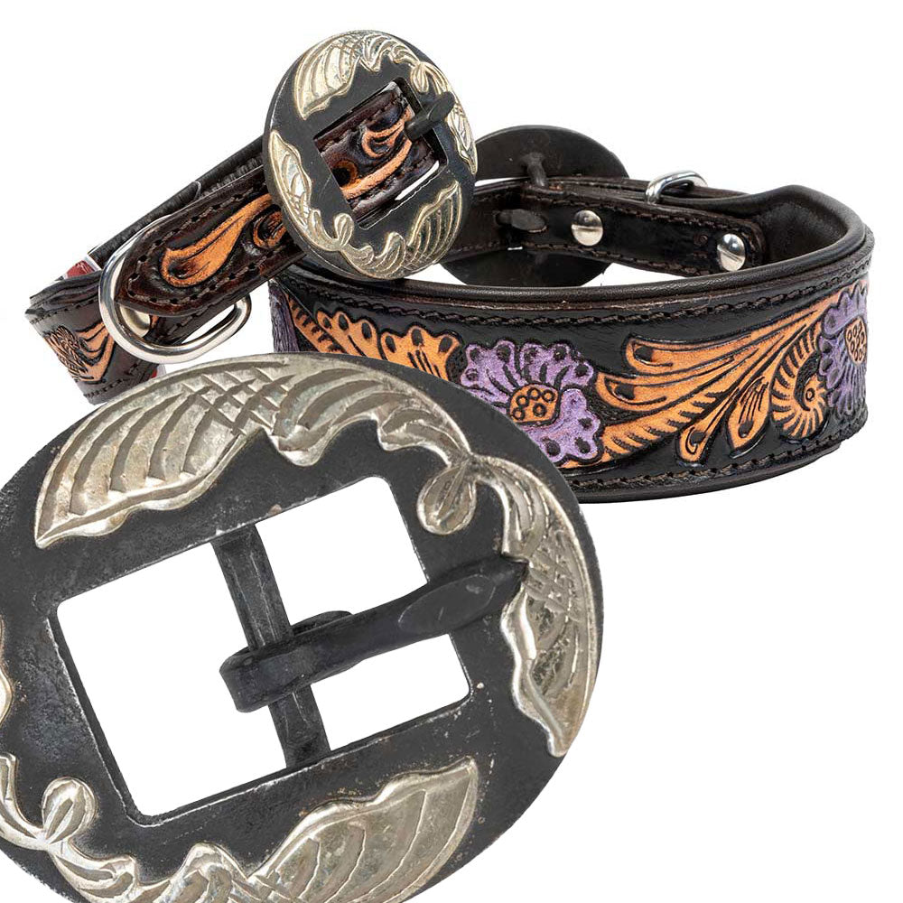 Teskey's Metallic Purple Floral Tooled Dog Collar with Oval Swirl Buckle Pets - Accessories Teskey's   