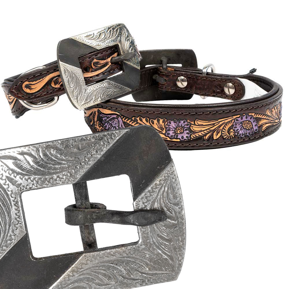 Teskey's Metallic Purple Floral Tooled Dog Collar with Silver Embellished Buckle Pets - Accessories Teskey's   