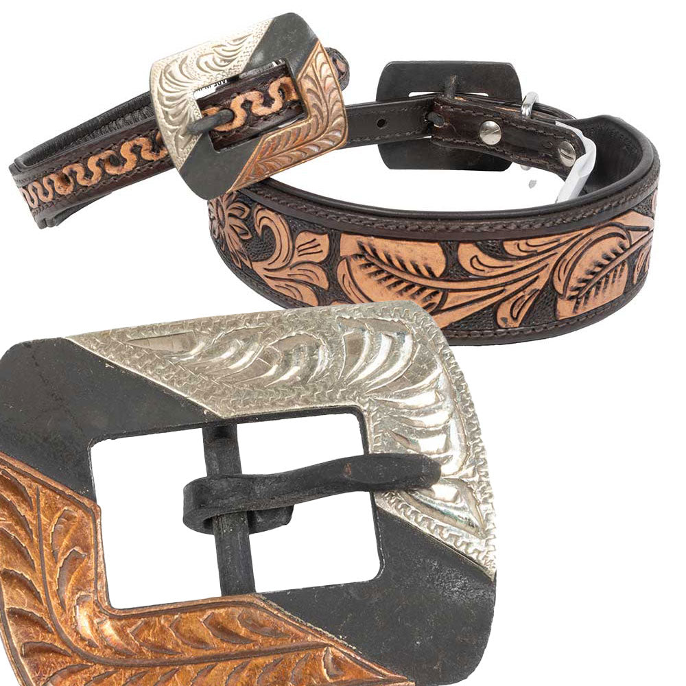 Teskey's Floral Tooled Dog Collar with Two Tone Rectangle Buckle Pets - Accessories Teskey's   