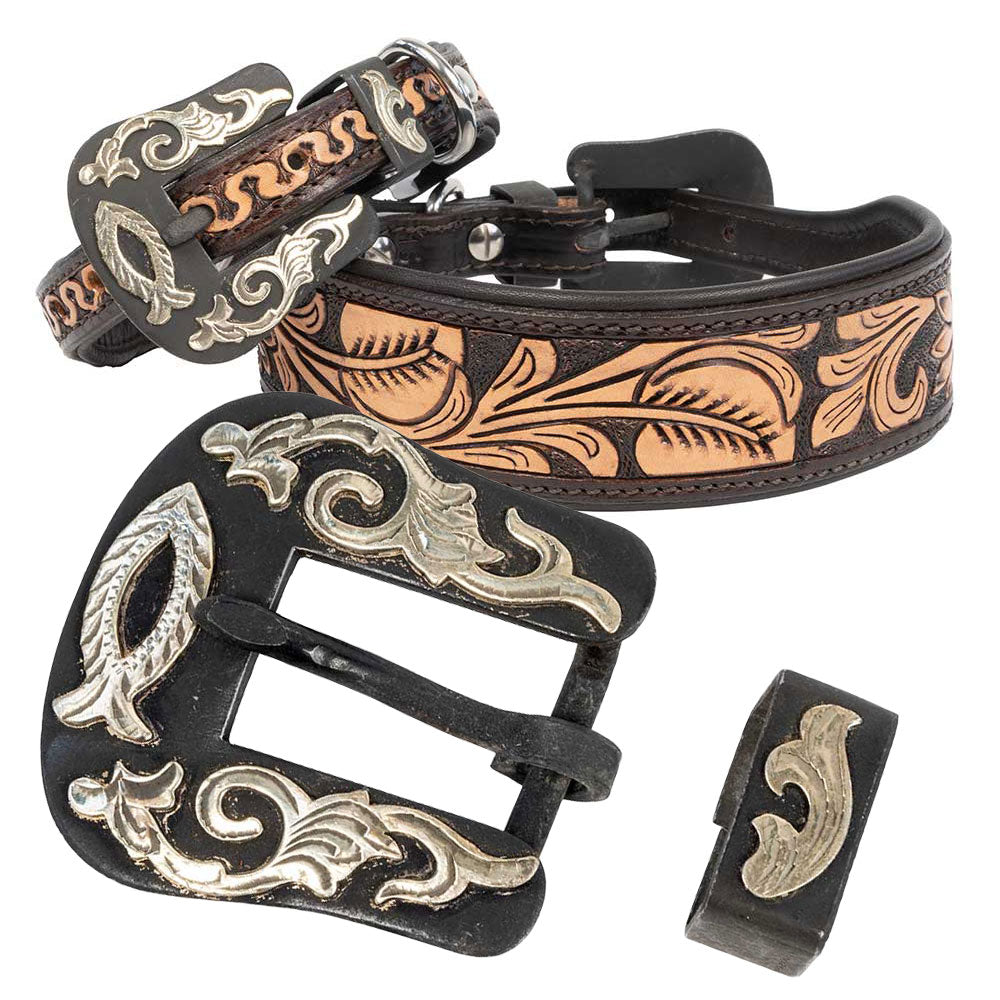 Teskey's Floral Tooled Dog Collar with Two Piece Icthys Buckle Pets - Accessories Teskey's   