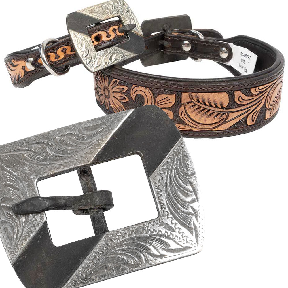 Teskey's Floral Tooled Dog Collar with Silver Embellished Rectangle Buckle Pets - Accessories Teskey's   