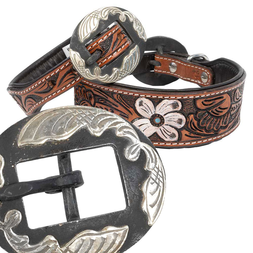 Teskey's Colored Floral Tooled Dog Collar with Oval Swirl Buckle Pets - Accessories Teskey's   