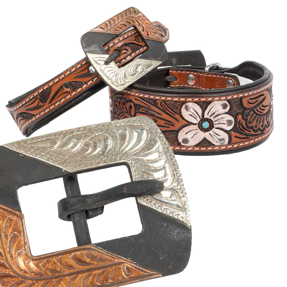 Teskey's Colored Floral Tooled Dog Collar with Two Tone Rectangle Buckle Pets - Accessories Teskey's   