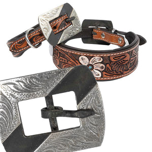 Teskey's Colored Floral Tooled Dog Collar with Silver Embellished Rectangle Buckle Pets - Accessories Teskey's   