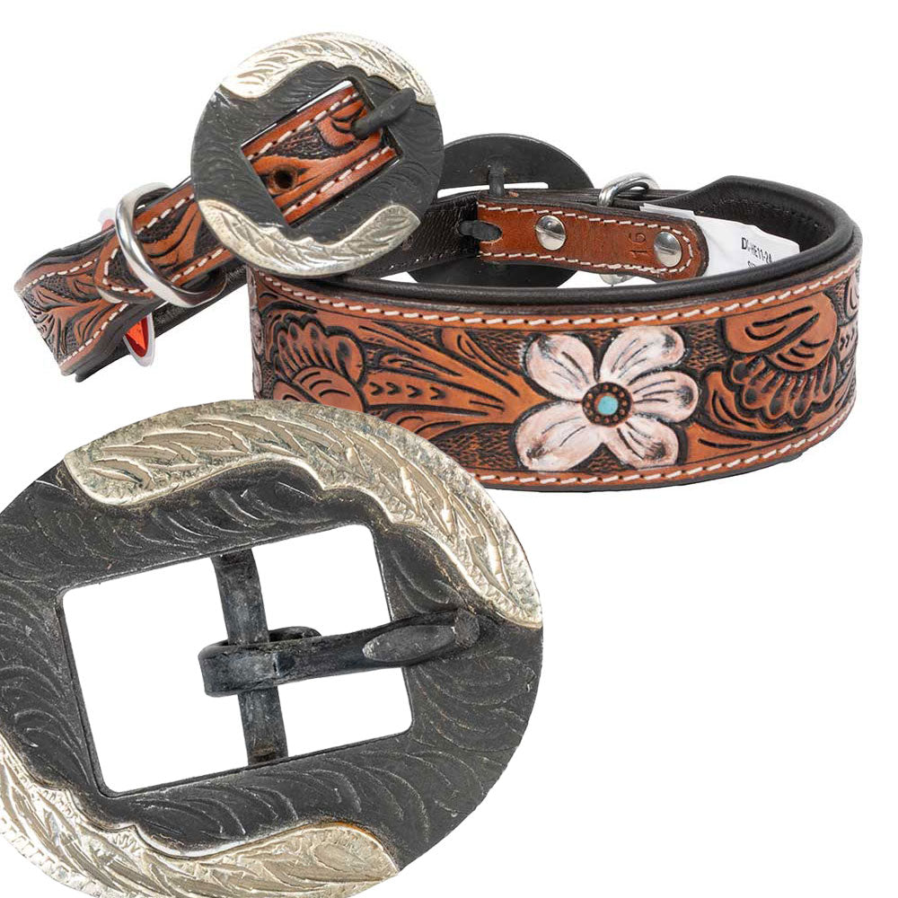 Teskey's Colored Floral Tooled Dog Collar with Oval Feather Buckle Pets - Accessories Teskey's   