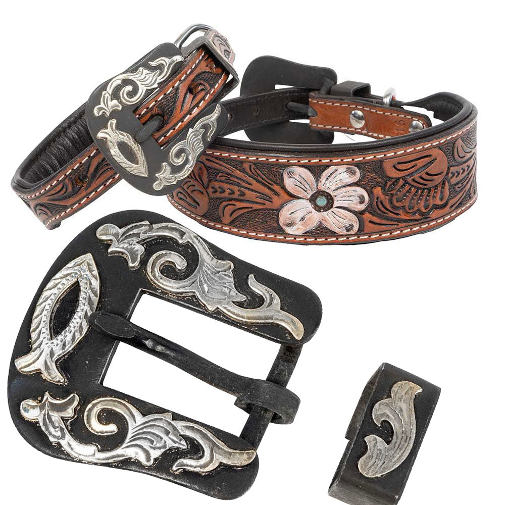 Teskey's Colored Floral Tooled Dog Collar with Two-Piece Icthys Buckle Pets - Accessories Teskey's   