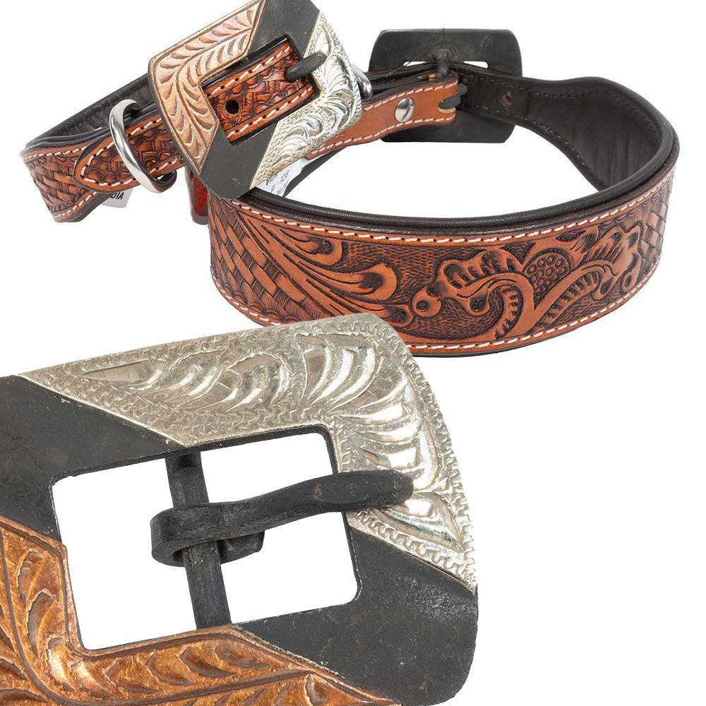 Teskey's Basketweave Tooled Dog Collar with Two-Tone Rectangle Buckle Pets - Accessories Teskey's   