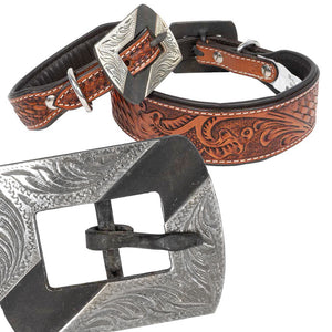 Teskey's Basketweave Tooled Dog Collar with Silver Embellished Rectangle Buckle Pets - Accessories Teskey's   