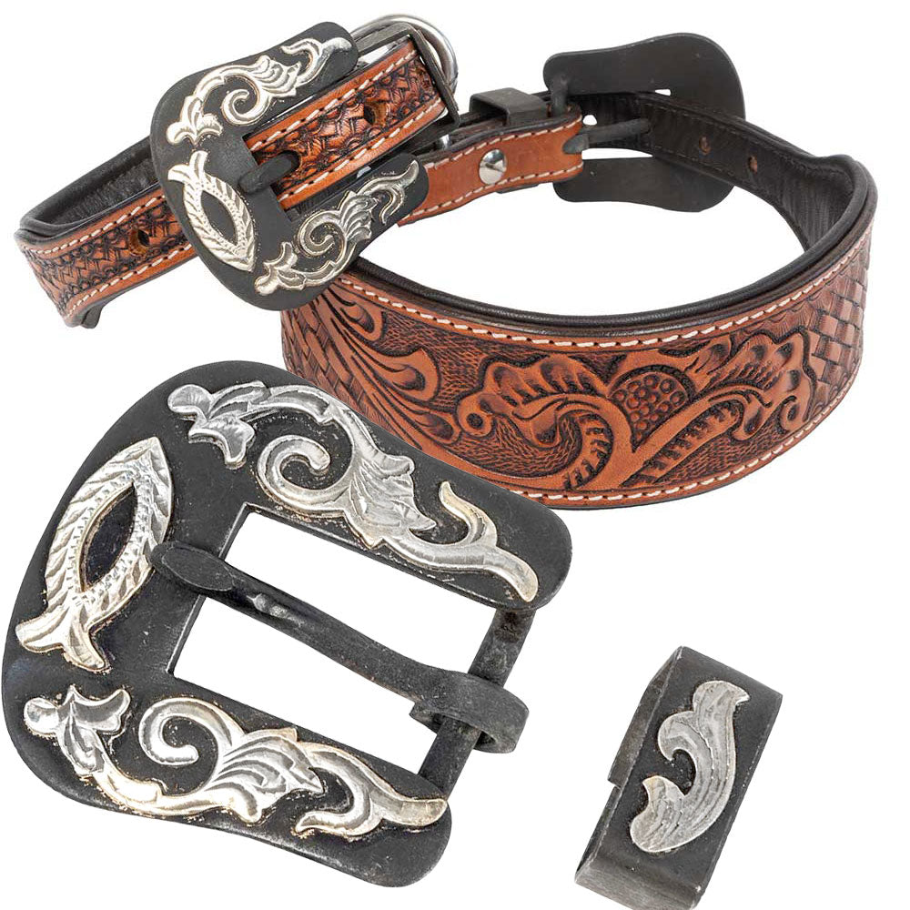 Teskey's Basketweave Tooled Dog Collar with Two Piece Icthys Buckle Pets - Accessories Teskey's   