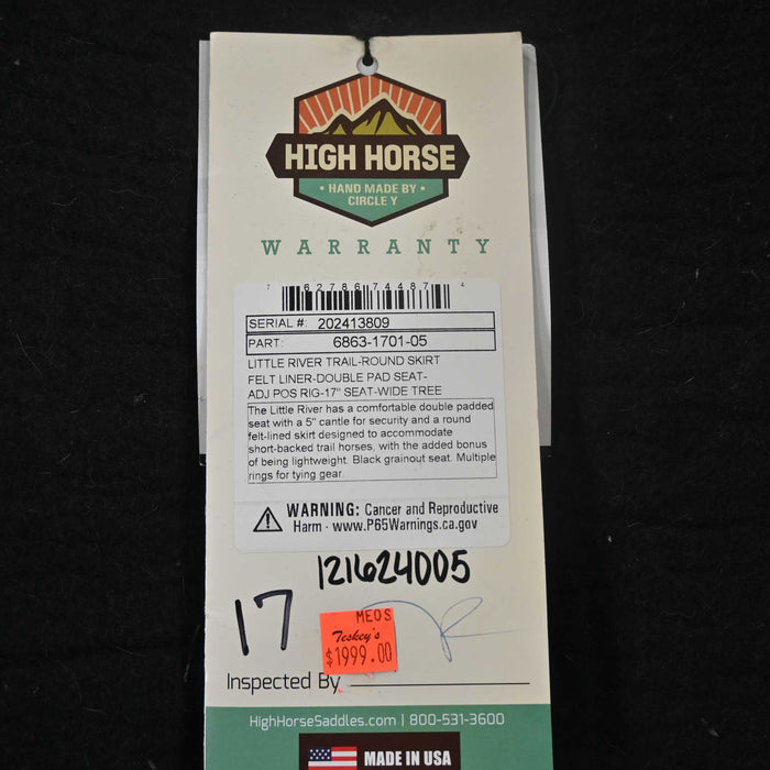 17" HIGH HORSE LITTLE RIVER TRAIL SADDLE Saddles - New High Horse