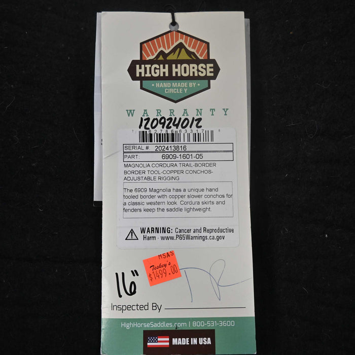 16" HIGH HORSE MAGNOLIA CORDURA TRAIL SADDLE
