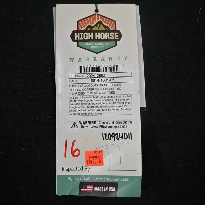 16" HIGH HORSE DAISETTA CORDURA TRAIL SADDLE Saddles - New High Horse