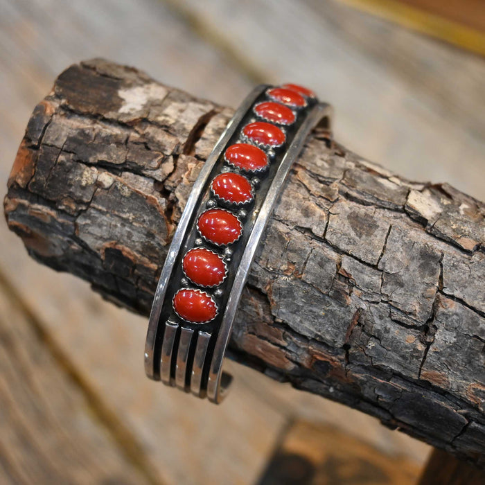 Tahe Sterling Silver Cuff w/Coral Stones