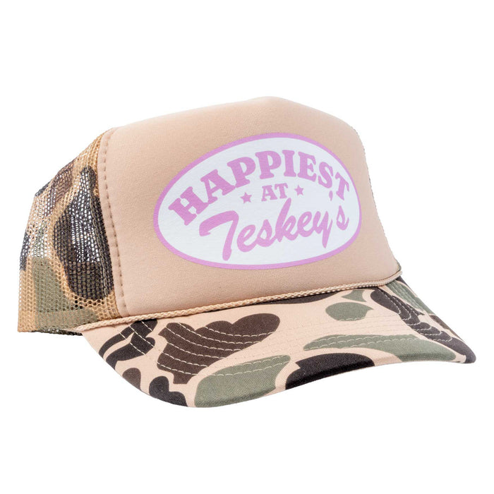 Happiest At Teskey's Trucker Cap - Beige Camo/Ivory/Pink TESKEY'S GEAR - Baseball Caps Teskey's