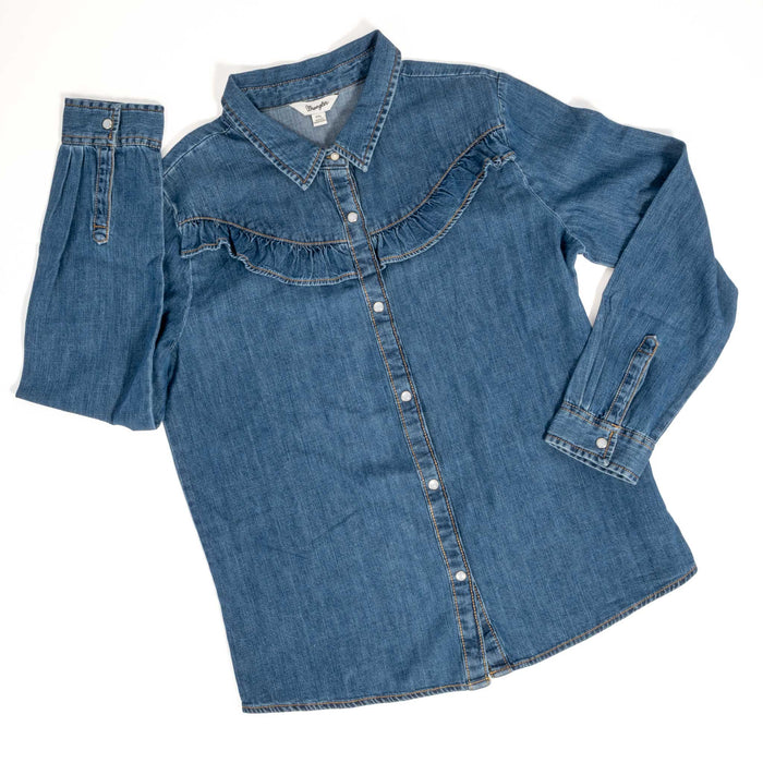 Wrangler Girls Pearl Snap Western Ruffle Denim Shirt
