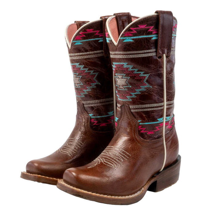 Roper Girl's Arizona Cutter Toe Waxy Brown Aztec Western Boot KIDS - Footwear - Boots Roper Apparel & Footwear