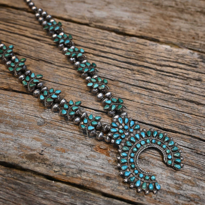 1950's Sterling Silver & Turquoise Squash Blossom Necklace