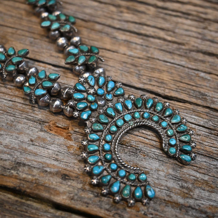 1950's Sterling Silver & Turquoise Squash Blossom Necklace