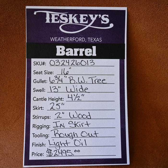 16" TESKEY'S BARREL SADDLE Saddles - New Teskey's Saddlery