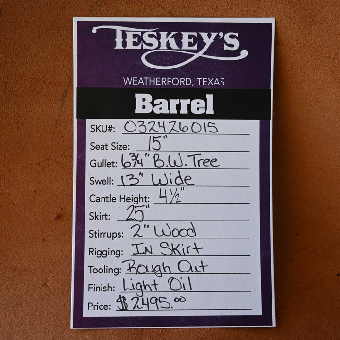 15" TESKEY'S BARREL SADDLE Saddles - New Teskey's Saddlery