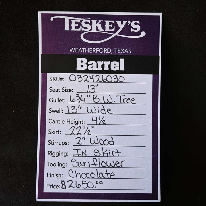 13" TESKEY'S BARREL SADDLE Saddles - New Teskey's Saddlery