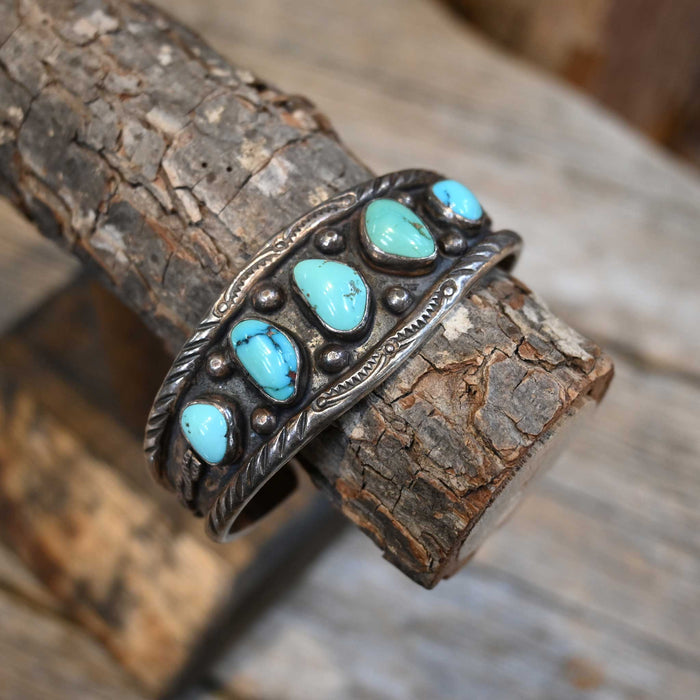 Antique Sterling Silver Cuff w/ 5 Turquoise Stones