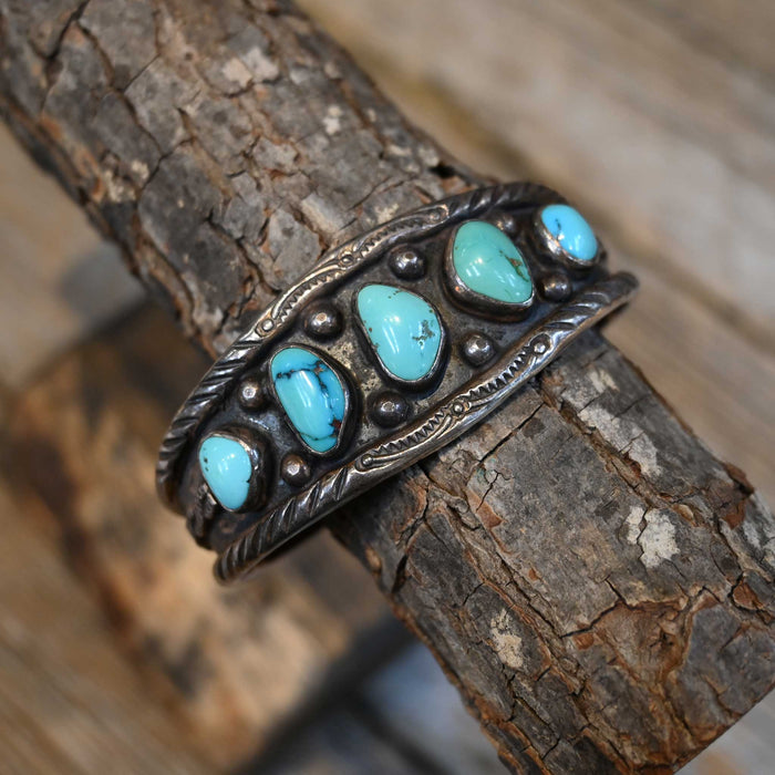 Antique Sterling Silver Cuff w/ 5 Turquoise Stones