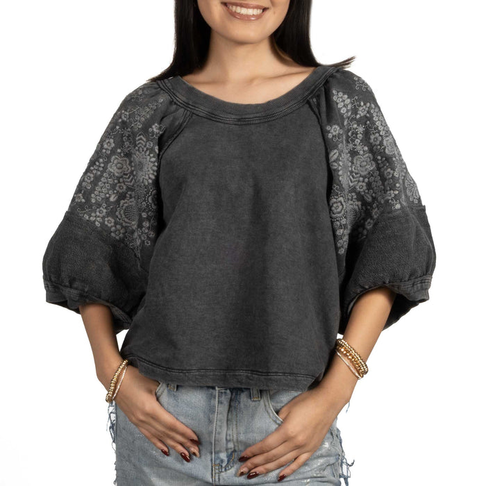 Ivy Jane Charcoal Embroidered Floral Knit Top