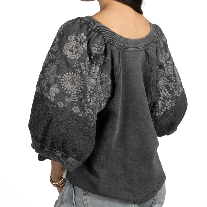 Ivy Jane Charcoal Embroidered Floral Knit Top