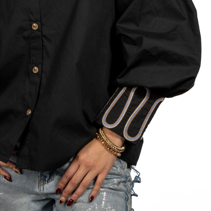 Solid Black Embroidered Button Down Top