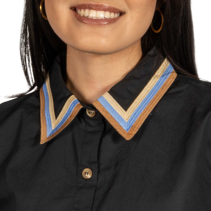 Solid Black Embroidered Button Down Top