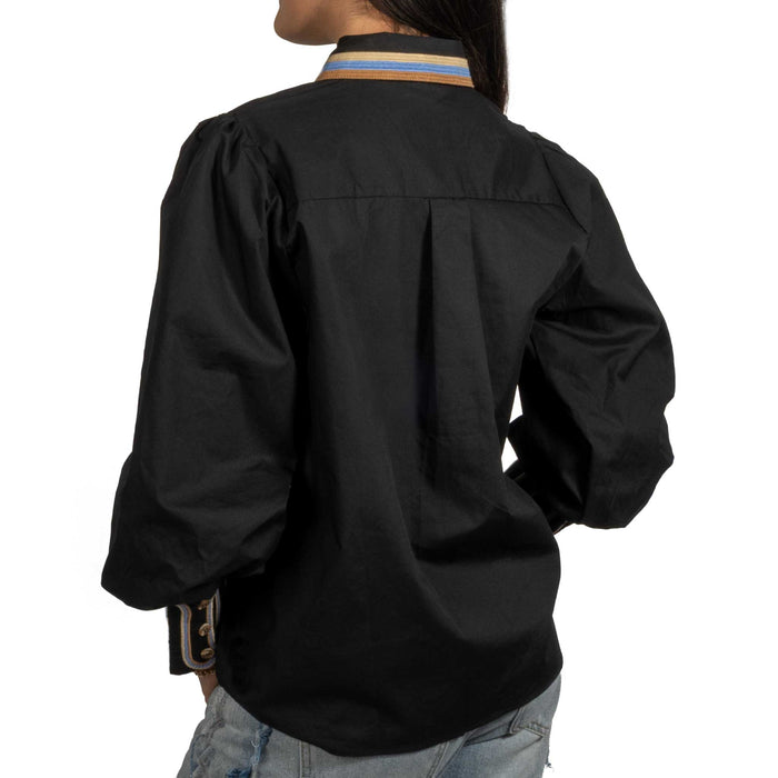 Solid Black Embroidered Button Down Top