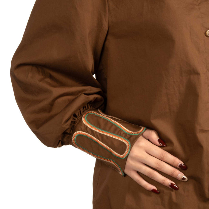 Solid Brown Embroidered Button Down Top