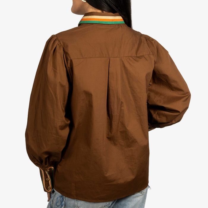 Solid Brown Embroidered Button Down Top