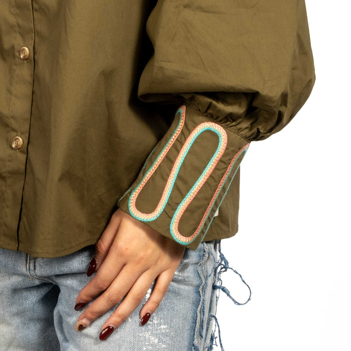 Solid Olive Embroidered Button Down Top