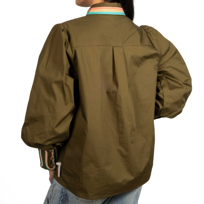 Solid Olive Embroidered Button Down Top