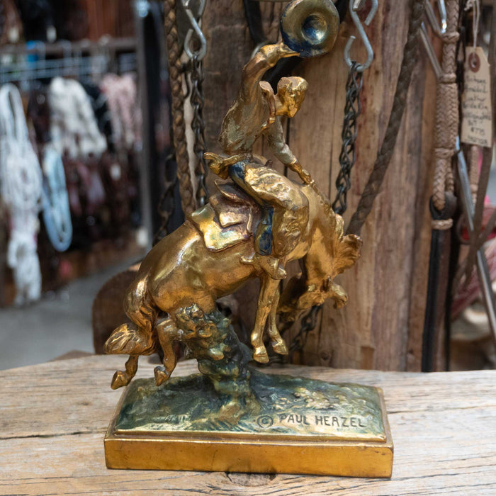 Painted Brass Bronc Sculpture By Paul Herzel