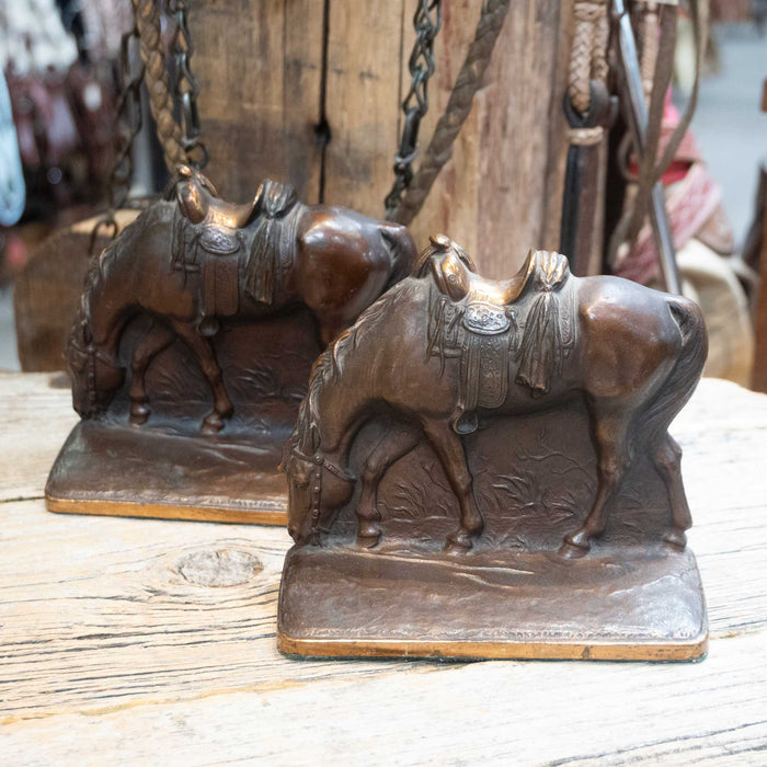 Bronze Grazing Horse Bookends Stamped 9894 Collectibles MISC