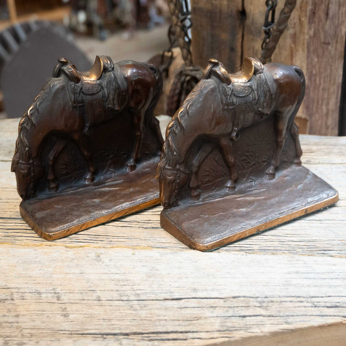 Bronze Grazing Horse Bookends Stamped 9894 Collectibles MISC