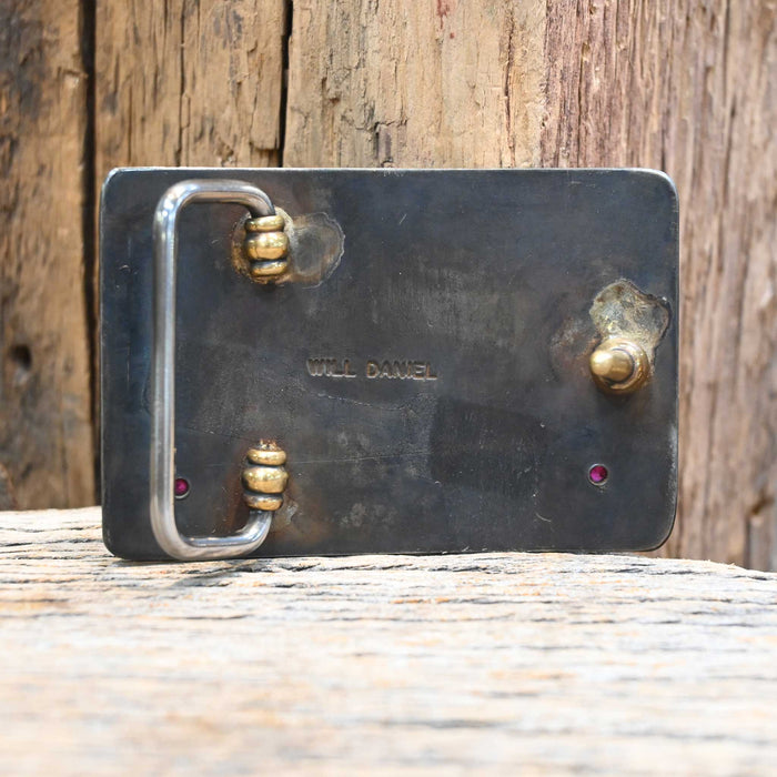 Handmade Will Daniel "Ride Dirty" Belt Buckle w/Red Stones