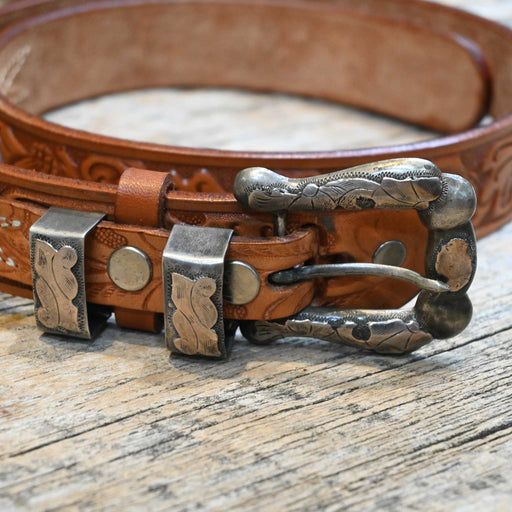 1950's 32" Looper Tooled Leather Belt w/Sterling Silver Buckle Collectibles Looper