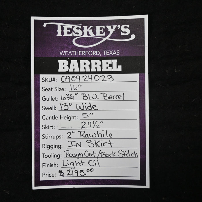 16" TESKEY'S BARREL SADDLE Saddles - New Teskey's Saddlery