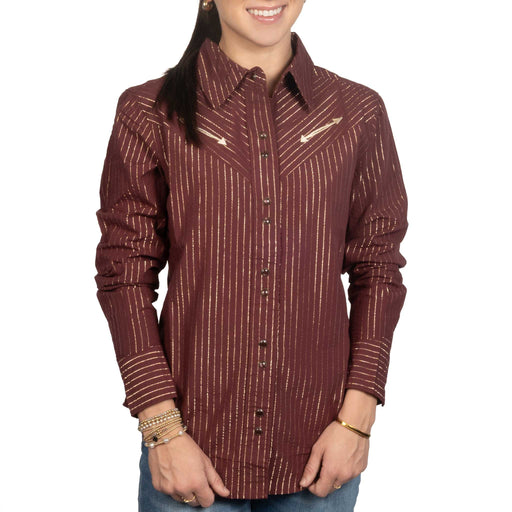 Cruel Denim Women's Stripe Burgundy Pearl Snap Shirt WOMEN - Clothing - Tops - Long Sleeved Cruel Denim