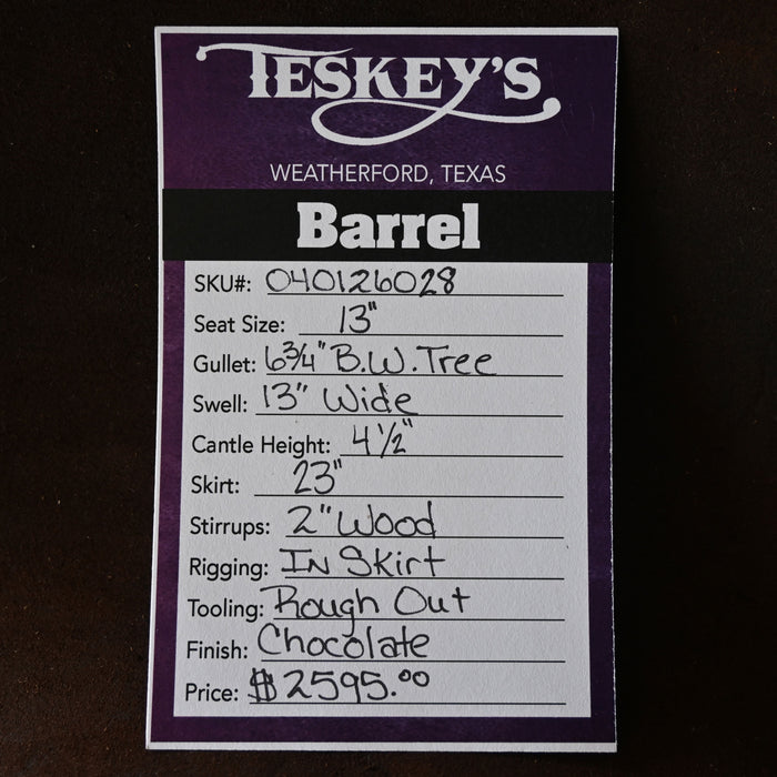 13" TESKEY'S BARREL SADDLE Saddles - New Teskey's Saddlery