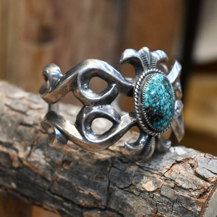 Vintage Sandcast Sterling Silver & Turquoise Cuff