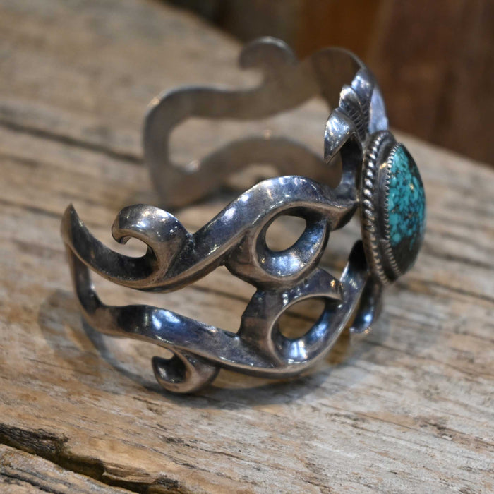 Vintage Sandcast Sterling Silver & Turquoise Cuff